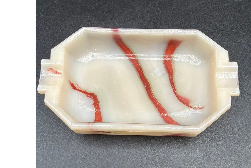 Vintage Akro Agate Red Floating Copper & Aventurine Slag Glass Ashtray UV React